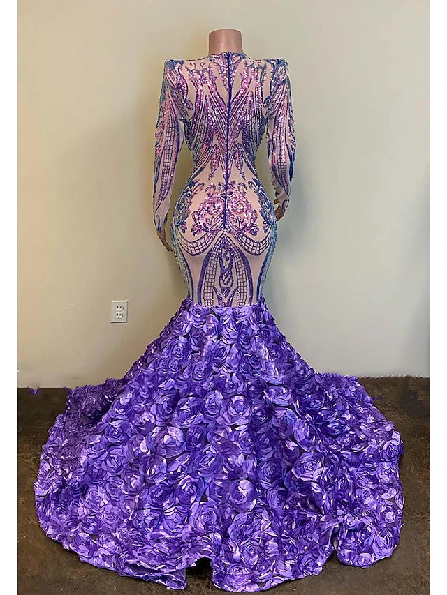 Meerjungfrau/Trompete Abendkleid Blumenkleid Formelle Hofschleppe Langarm V-Ausschnitt Afroamerikaner Pailletten mit Pailletten